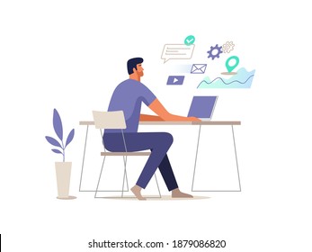 Man works at the computer. Vector illustration.