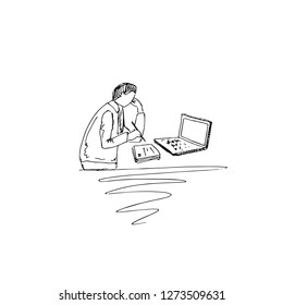 The man works at the computer. Vector sketch illustration.