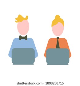 The man works at the computer. The woman works at the computer.A boy and a girl study remotely on a laptop. Students work at a computer.