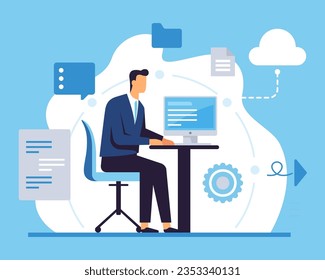 a man works at computers. multitasking manager in the office. flat vector illustration.