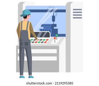 Man works with control panel of multifunctional device. Printing equipment, industrial printer, copier, scanner. Employee controls printing process in polygraphy, typography vector illustration