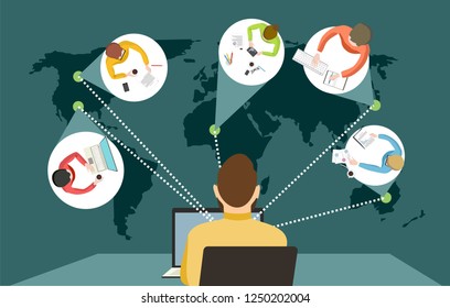 man works distance or learns around the world with students or employees from different countries online courses or work remotely vector illustration