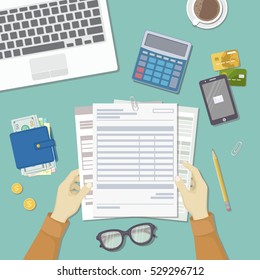 Man works with financial documents. Concept of paying bills, payments, taxes. Human hands hold the accounts, payroll, tax form. Workplace with papers, blanks, forms, wallet credit card Top view Vector