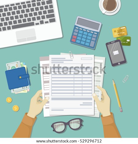Man works with financial documents. Concept of paying bills, payments, taxes. Human hands hold the accounts, payroll, tax form. Workplace with papers, blanks, forms, wallet credit card Top view Vector