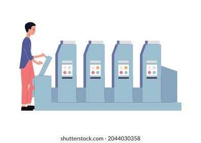 A man works with a four-color machine. Print of polygraphy products in the printing house or service maintenance of industry offset equipment. Flat vector isolated illustration.