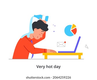 Man works in heat concept. Employee working at laptop and pouring cold water from bottle on himself. Cooling on very hot summer day. Rescue from high air temperature. Cartoon flat vector illustration
