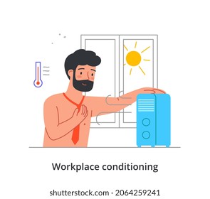 Man works in heat concept. Tired, sweaty employee took off shirt and stood in front of air conditioner. Air cooling in hot summer weather. High temperature in room. Cartoon flat vector illustration