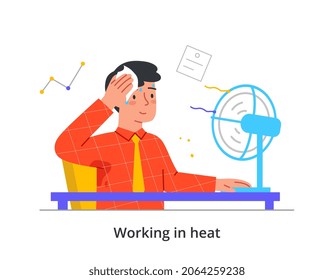 Man Works In Heat. Male Character Sitting At Workplace In Front Of Fan And Wiping Drop Of Sweat From His Forehead. Cooling Device In Hot Weather. High Air Temperature. Cartoon Flat Vector Illustration