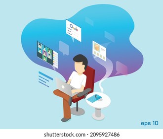 Man works from home to avoid coronavirus, COVID-19 WFH concept in isometric style., Stay at home, people work at home, illustration.
