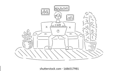 A man works at home behind a laptop on a sofa, contour drawing of black color isolated on a white background, stock vector illustration, isolation, quarantine.