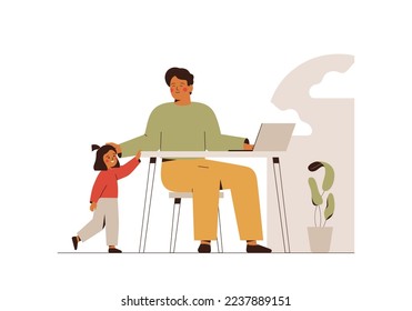 Man works from home and cares about his daughter. Small girl and her father spend time together at workplace. fatherhood and career concept. Vector illustration