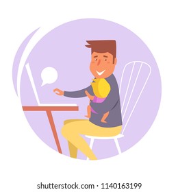 Man works at home with a child 
Vector. Cartoon. Isolated art on white background. Flat