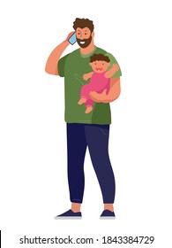 A man works from home at the computer, holds the child, calls on the phone. The concept of freelance, remote work, family and work. Flat cartoon vector illustration