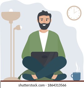 The man works at home, freelancer. Virtual communication during quarantine. Education online, the student studies at the laptop. Homeworkplace. Vector flat illustration