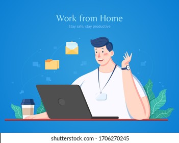 Man works from home with his laptop during coronavirus outbreak, flat style illustration on blue background