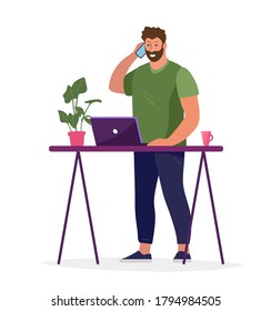 A man works from a home office, the concept of remote work, freelancing, a comfortable workplace. The guy speaks on the phone and works with a laptop. Flat vector illustration