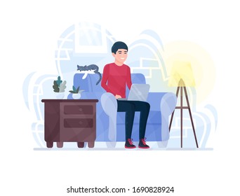 Man works at home office on a laptop, sitting in a armchair. Freelance or distance studying and self education. Male student or employee E-learning, doing remote job. Concept vector cartoon flat