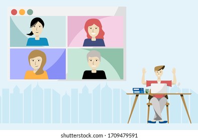 a man works from home on computer laptop with video conference in the house with a colleague at office. with background of building city.