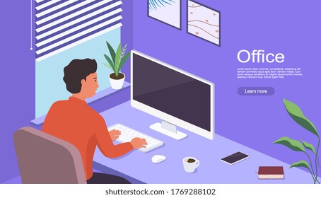 Man works at home sitting at table in front of computer screen. Freelancer working at computer at home. Home office concept near window.