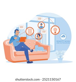 A man works from home using a laptop. He video calls with colleagues online. Business communication concept. Flat vector illustration.
