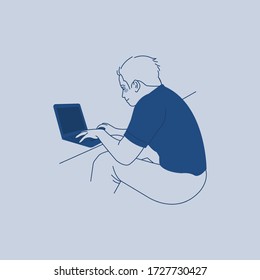 a man works with a laptop. blue background. line flat vector illustration.