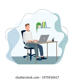 A man works at a laptop. Business people. Freelance. Home Office. Vector illustration of a blot.