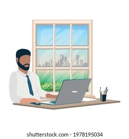 A man works at a laptop by the window. Vector illustration in a flat style.