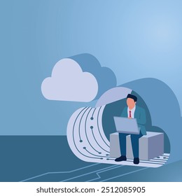 Ein Mann arbeitet mit einem Laptop im Cloud-Speicher, Illustration für Cloud Computing.