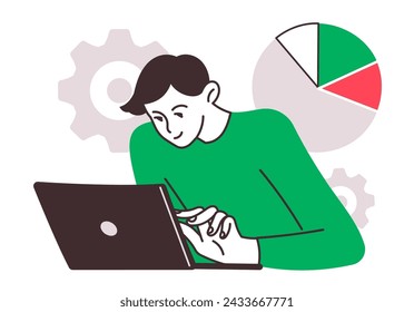 Man works with laptop computer analyzing statistical data conducting research collecting information