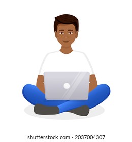 Man works at the laptop computer. Flat vector illustration of freelance, work at home, work, office, education. Remote work and communication in social networks. Cartoon style.