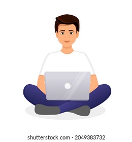 Man works at the laptop computer. Flat vector illustration of freelance, work at home, work, office, education. Remote work and communication in social networks. Cartoon style.