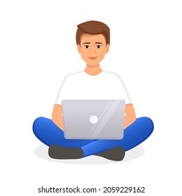 Der Mensch arbeitet am Laptop-Computer. Flache Vektorgrafik von Freiberuflern, Arbeit zu Hause, Arbeit, Büro, Bildung. Fernarbeit und Kommunikation in sozialen Netzwerken. Cartoon-Stil.