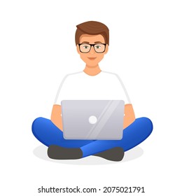 Man works at the laptop computer. Flat vector illustration of freelance, work at home, work, office, education. Remote work and communication in social networks. Cartoon style.