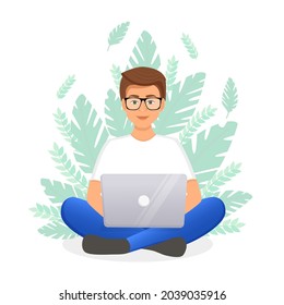 Man works at the laptop computer on background of plants. Flat vector illustration of freelance, work at home, work, office, education. Remote work and communication in social networks