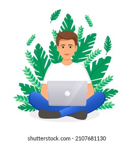 Man works at the laptop computer on background of plants. Flat vector illustration of freelance, work at home, work, office, education. Remote work and communication in social networks
