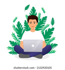 Man works at the laptop computer on background of plants. Flat vector illustration of freelance, work at home, work, office, education. Remote work and communication in social networks