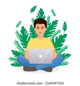 Man works at the laptop computer on background of plants. Flat vector illustration of freelance, work at home, work, office, education. Remote work and communication in social networks
