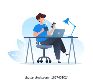 A man works at a laptop and drinks coffee. Home office, freelance and online training, education. Vector flat illustration.