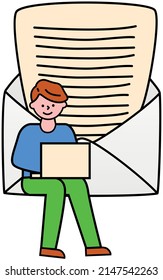 Man works with laptop at envelope with document. Mailing, communication via mail. Envelope with letter as symbol of online chatting and mailing via Internet. Letter, postal item, virtual mailbox
