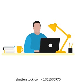 Man works at a laptop. Fashion trend vector illustration, flat design
