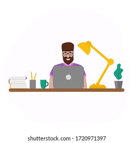 Man works at a laptop. Fashion trend vector illustration, flat design