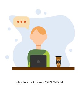 Man works with laptop. Flat modern illustration of workflow. Illustration for web design, postcards, icons. Student studying at his desk