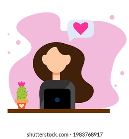 Man works with laptop. Flat modern illustration of workflow. Illustration for web design, postcards, icons. Student studying at his desk