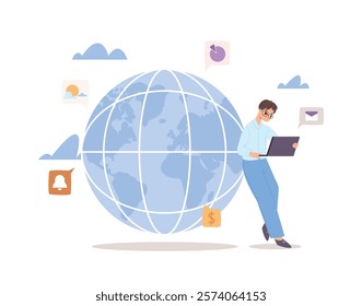 Man works with laptop. Geek male character working worldwide and communicate with different countries. Accounting, programming, marketing, international student vector scene