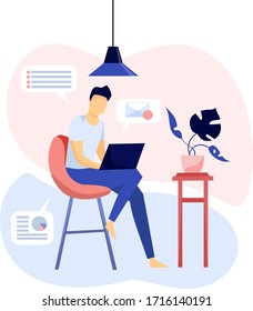 Man works with a laptop. The guy is sitting in a chair. Remote work from home. Coronavirus pandemic. Flat vector illustration.