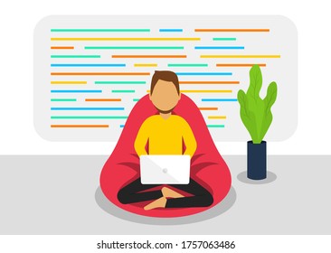 Un hombre trabaja en una laptop en casa. Programador. Autónomo. Trabajo remoto. Vector de estilo plano.