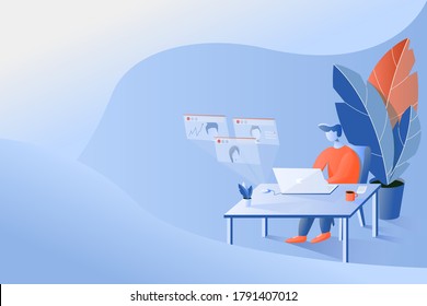 A man works with a laptop at home at a workplace with videoconference. Programmer, designer, freelancer, video communication with employees, hologram. Vector flat illustration.