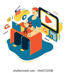 A man works at a laptop, next to a microphone. Illustration of the work of a blogger, podcaster, emphasis on video and audio recording. Isometric, isolated image. Vector.