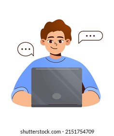 Man works at laptop. Programmer celebrating success at work, success. Around the Internet, email, message icons. Remote work, e-learning, home office. Freelancer programmer with a laptop. Vector illus