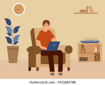  man works with a laptop, sitting on a chair in the living room. Vector illustration